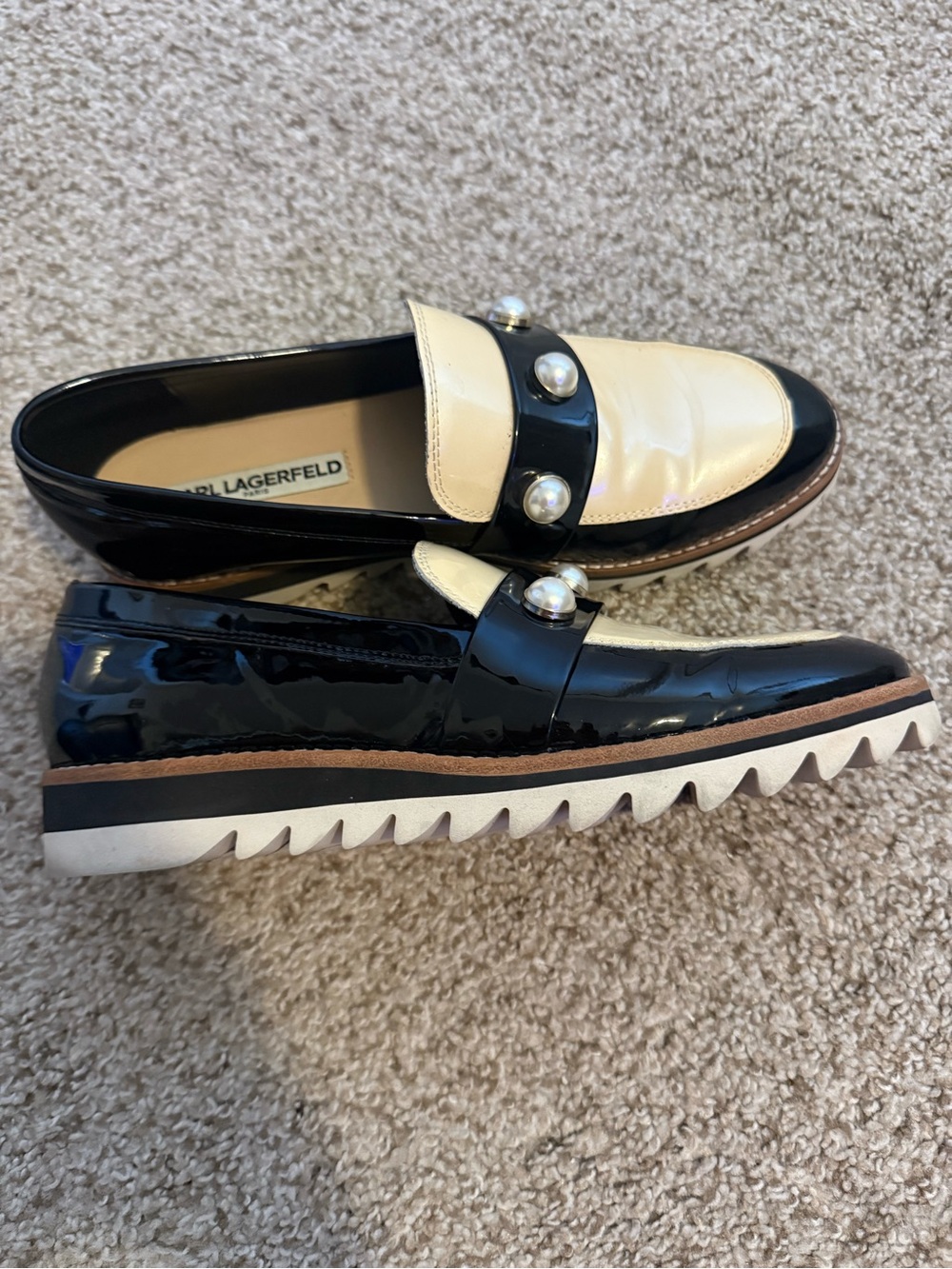 Karl Lagerfeld Black and Cream Patent Loafers with Pearl Strap
